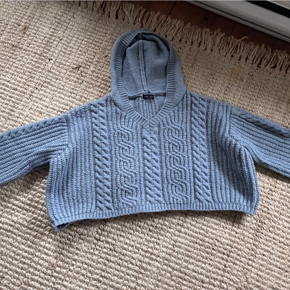V-Neck Cable Knit Hooded Sweater in Light Blue
